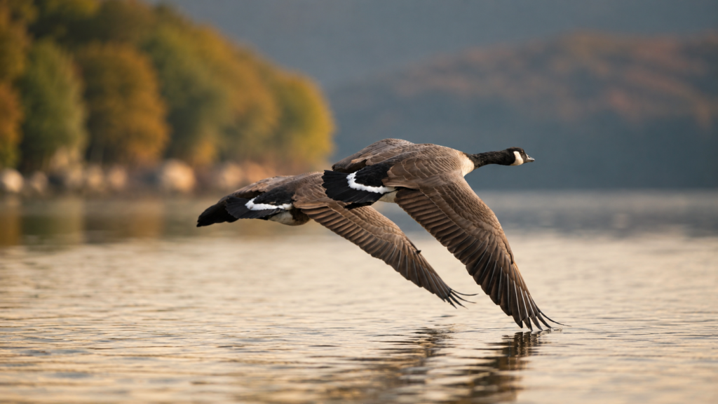 The Landscape of Intelligence goose in flight over calm lake