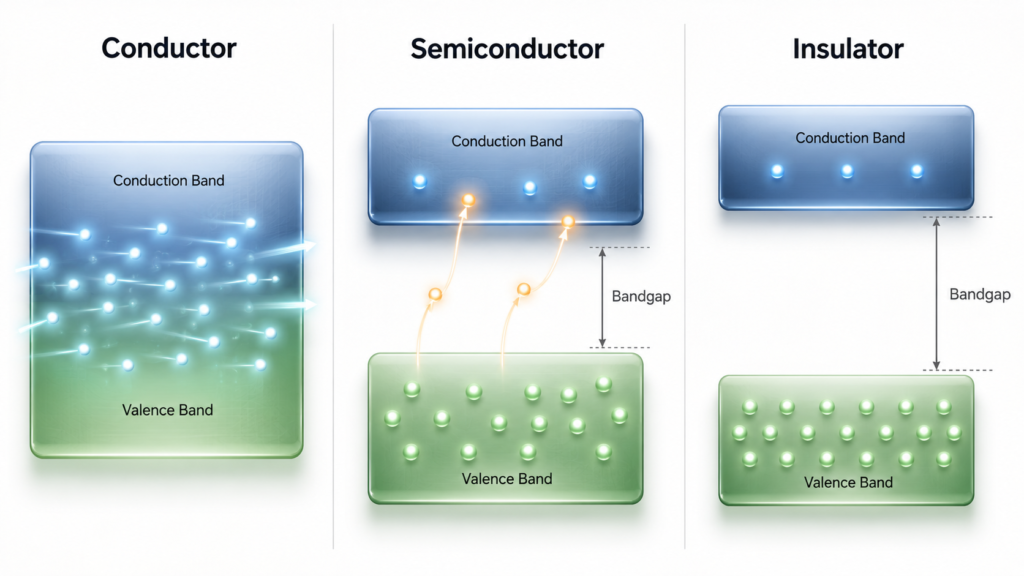 Semiconductor band theory comparison: conductor vs semiconductor vs insulator